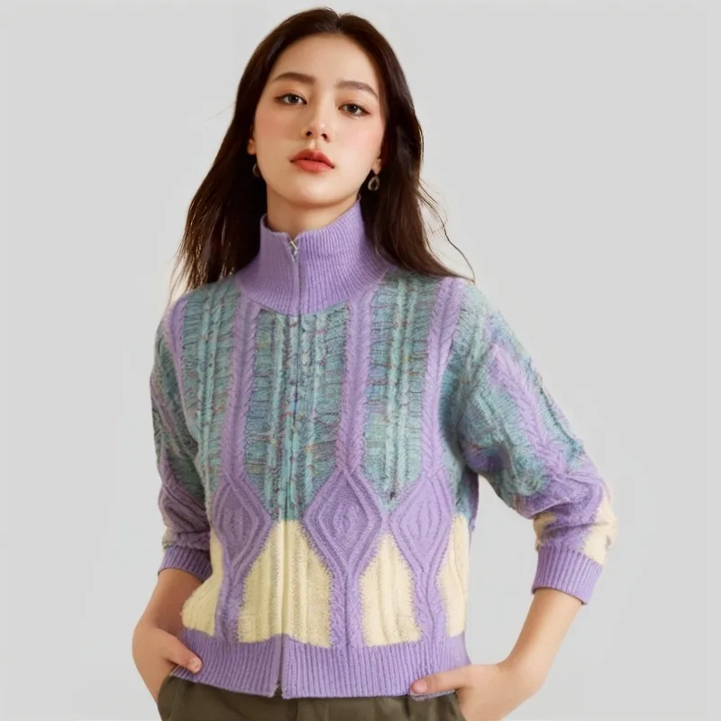 Damski sweter z golfem, dzianinowy kardigan, modny, odmładzający, uniwersalny, z długim rękawem i zamkiem błyskawicznym, model 2026.