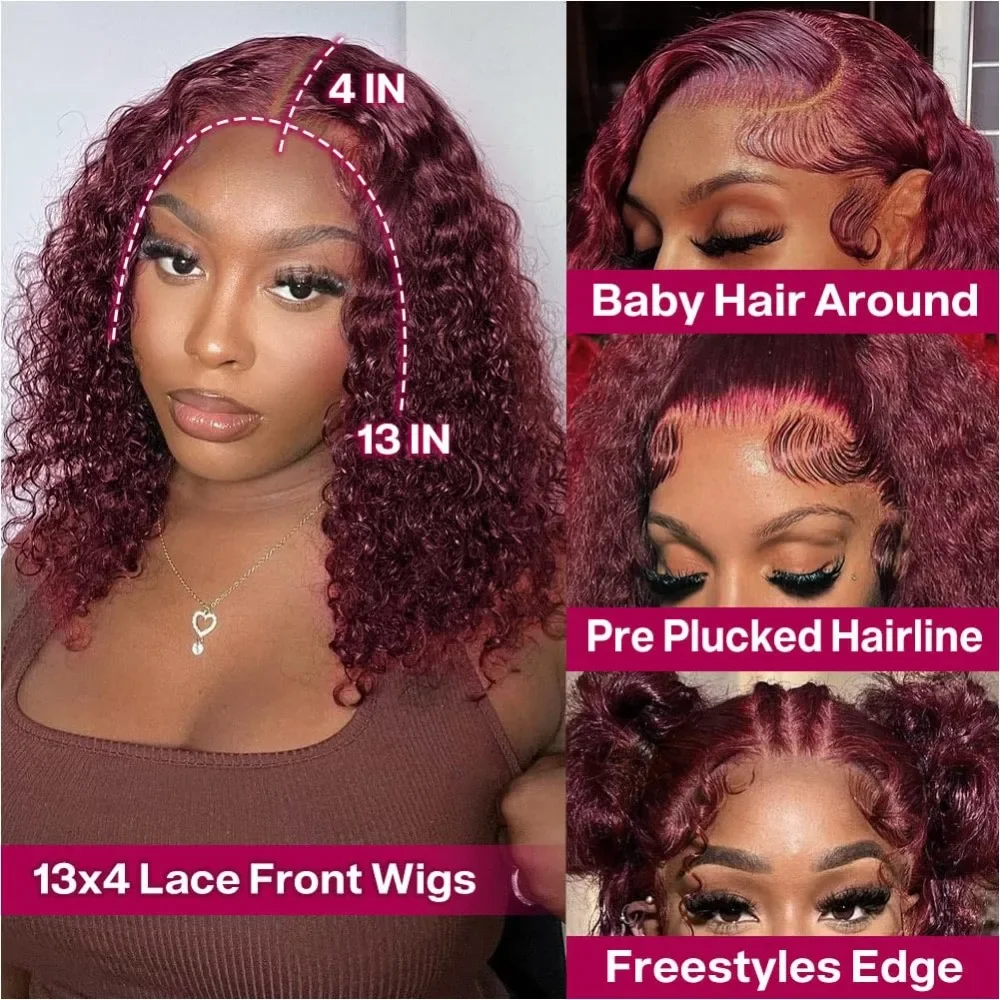 Perruque Bob Lace Front Wig sans colle bouclée rouge bordeaux 99J pour femmes noires, perruques de cheveux humains Deep Wave, 13x4 HD, perruque pré-plumée