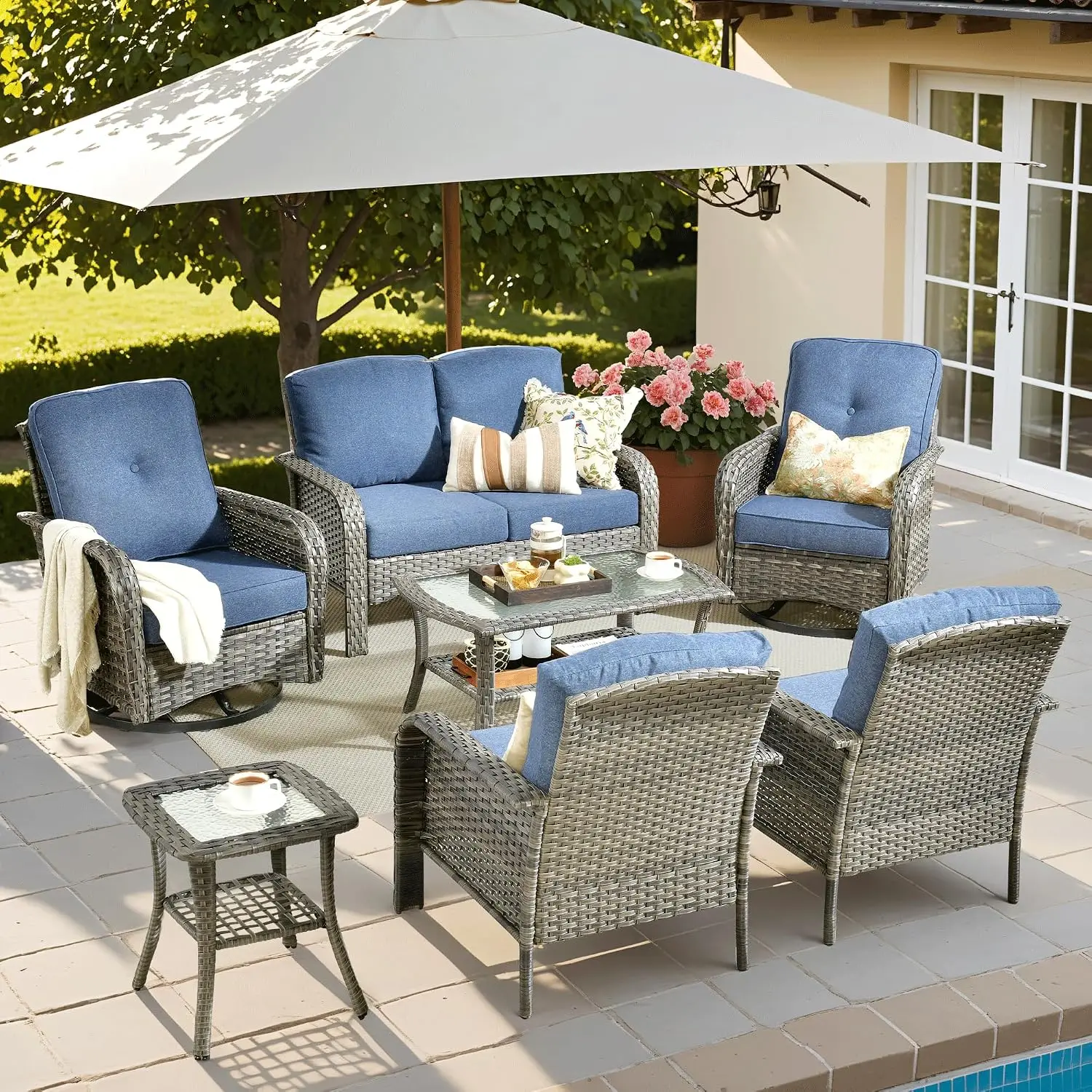 7-Piece Patio Furniture Set, Outdoor Wicker Sofa with Swivel Chairs Coffee Table, High Back Rattan Couch Loveseat with Comfy Cus
