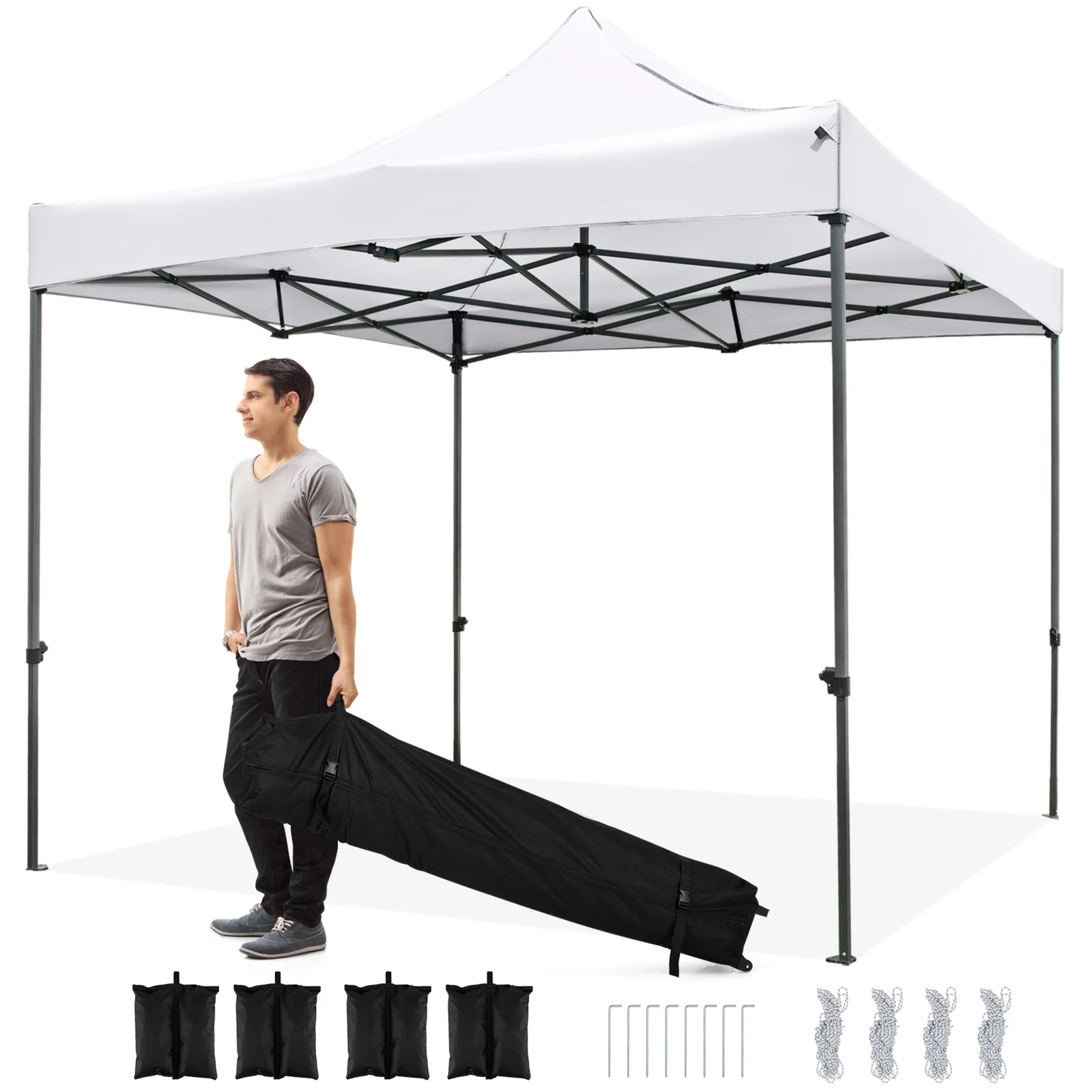 

10 x 10 FT Outdoor Pop up Canopy Tent w/ Wheeled Bag, 4 Sandbags, Stake & Ropes