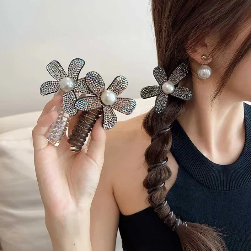 Rhinestone Pearl Flower Phone Line Hairbands Sparkling Floral Ponytail Hair Rope Elastic Rubber Bands Sweet Temperament Headwear