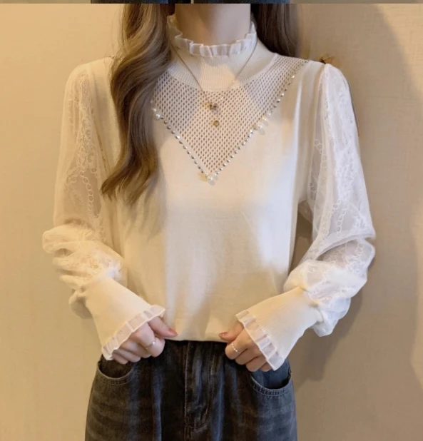 Tamanho grande renda emenda manga longa semi-gola alta camisa de fundo outono inverno nova moda feminina versátil camisola de malha