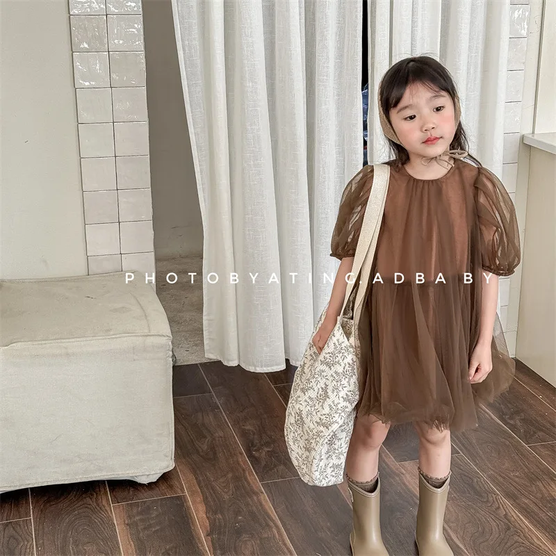 Girls Casual Dresses Childrens Clothing Summer New Girls Korean Mesh Yarn Princess 2024 Puff Sleeveless Sweet Loose Lovely