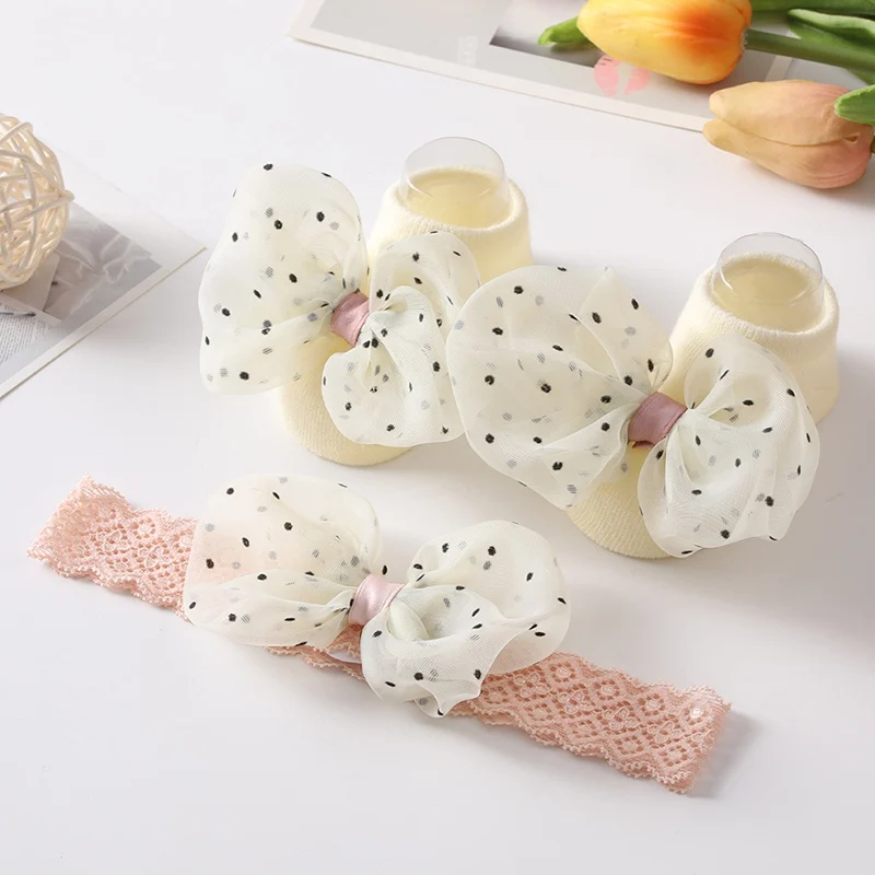 Cute Lace Bows Baby Socks With Headband Set Newborn Cotton Sock Newborn Turban Girls First Walkers Toddler Infant Accessories