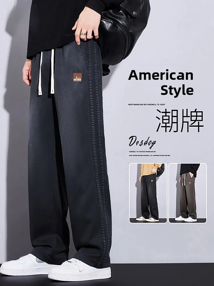 

American Sle Teenager Jeans Wide Leg Straight Cut Splicing Workwear Loose Fit Casual Denim Pants for Youth Autumn Season