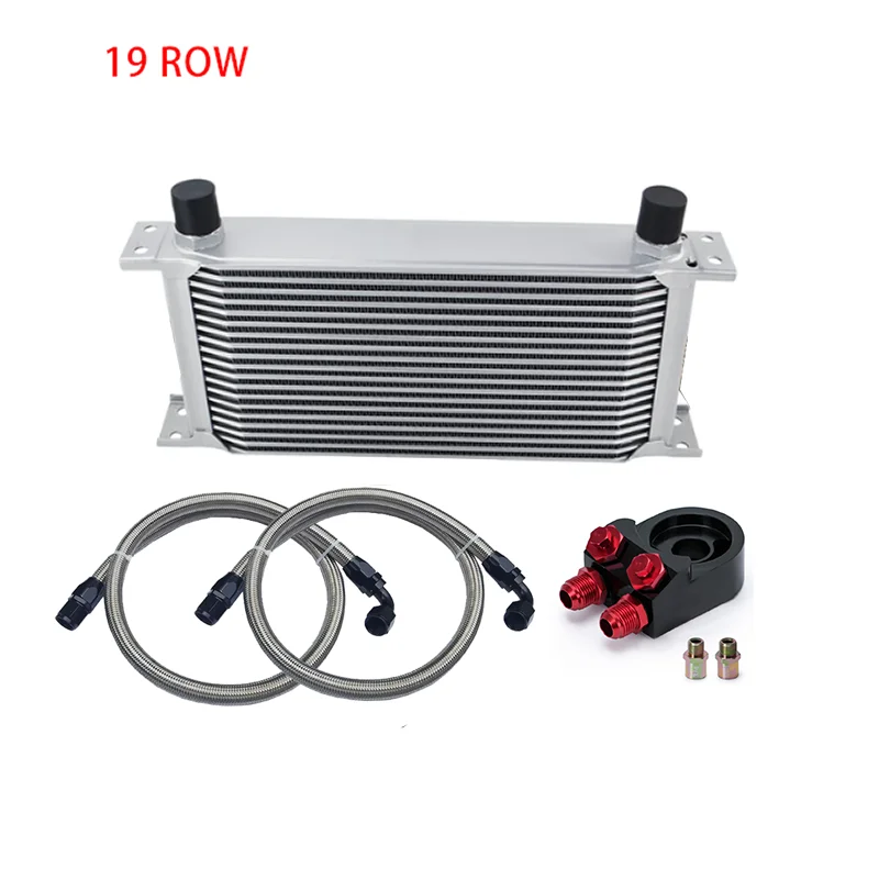 AN10 Universal 19 Rows Oil Cooler Kit + Oil Filter Sandwich Adapter + 1 And 1.2 Meter Stainless Steel Braided AN10 Hose Fittings