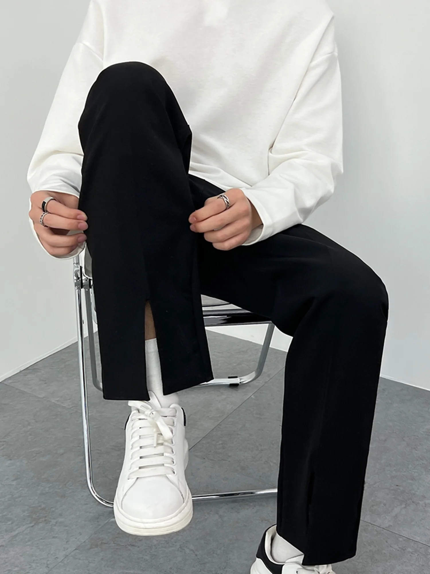 

Casual Men's Autumn Pants Loose Straight Leg Trousers Summer Autumn High Waist Design Sense Open Split Casual Long Trousers