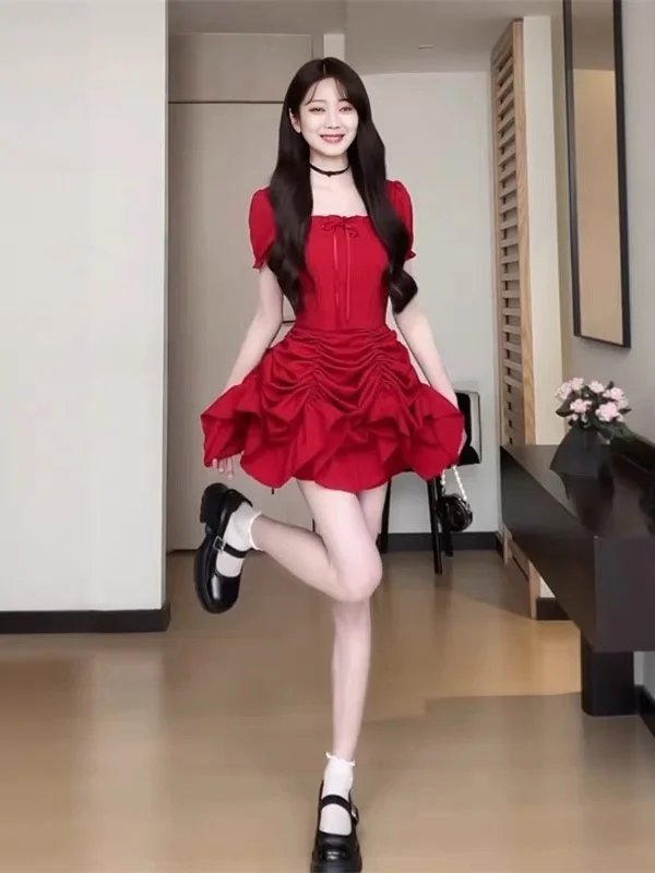 Or Sve Dr – jupe trapèze à col carré rouge rétro pour femmes, nouvelle collection d'été, taille haute, amincissante, portable