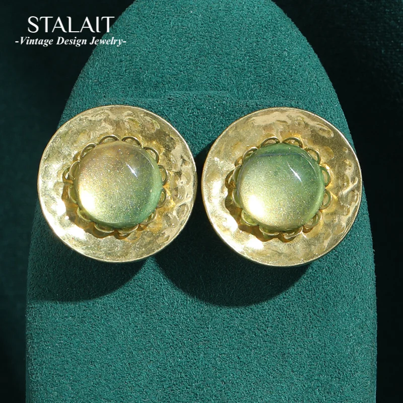

Vintage Gradient Green Glazed Round Stud Trend Earrings 2025 Antique Gold Color Jewelry Retro Accessories For Woman Party New