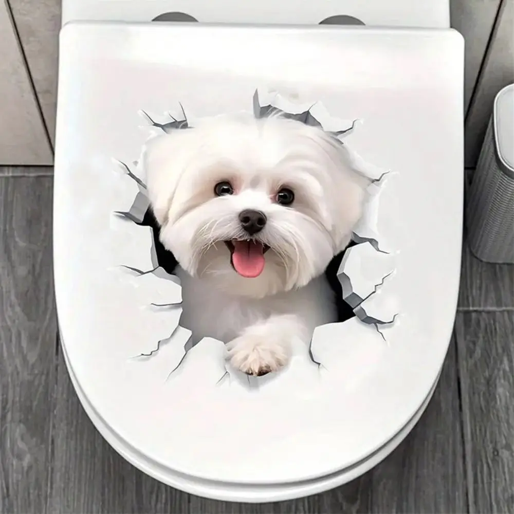 3D Cracked Dog Toilet Stickers Animal Waterproof Door Stickers Wall Self-Adhesive Art Self-adhesive Wall Sticker