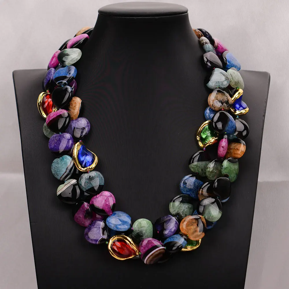 

GG 3 Rows Natural Mix Color Heart Shaped Agate Gold Edged Colorful Glass Beads Necklace