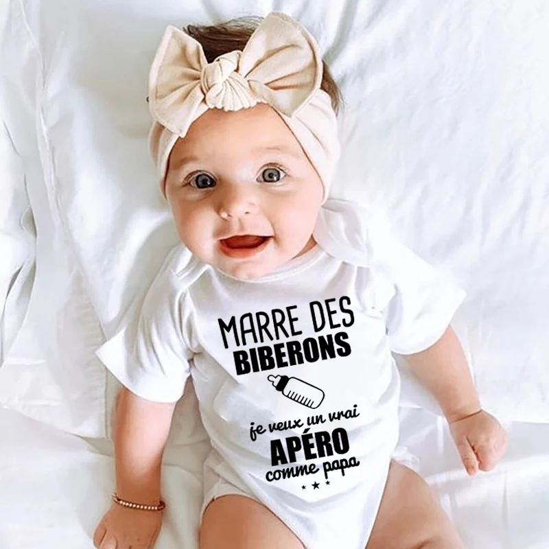 Cotton Baby Bodysuit Short Sleeve French Slogan Print Marre Des Biberons Je Veux Un Vrai Apéro Comme Papa Newborn Baby Onesie