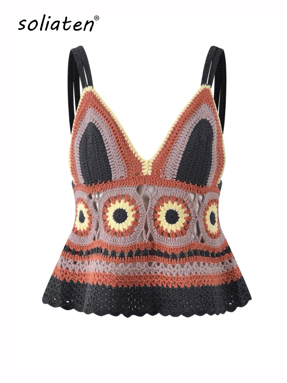 Women Holiday Style Sexy Kniting Camisole Summer Short Tops Hand Crocheted Sweaters Flower Retro Ethnic Sweet Pulls Jumper B-072