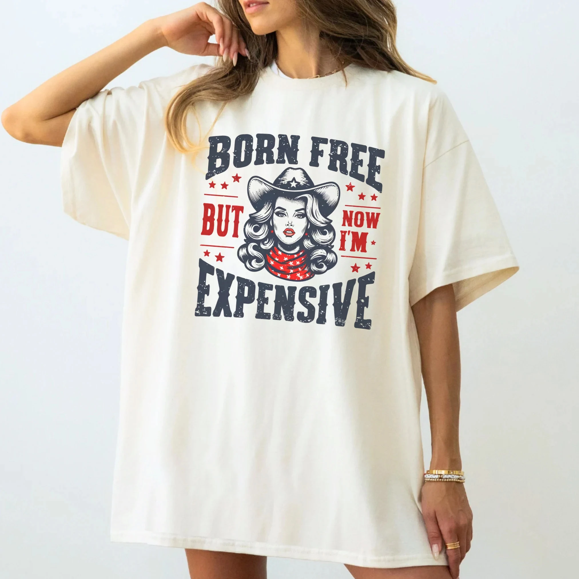 Born Free But Now I Am Expensive Slogan Women T-shirt Vintage Cartoon Miss Cowboy Print Female Summer Casual All Match Tee