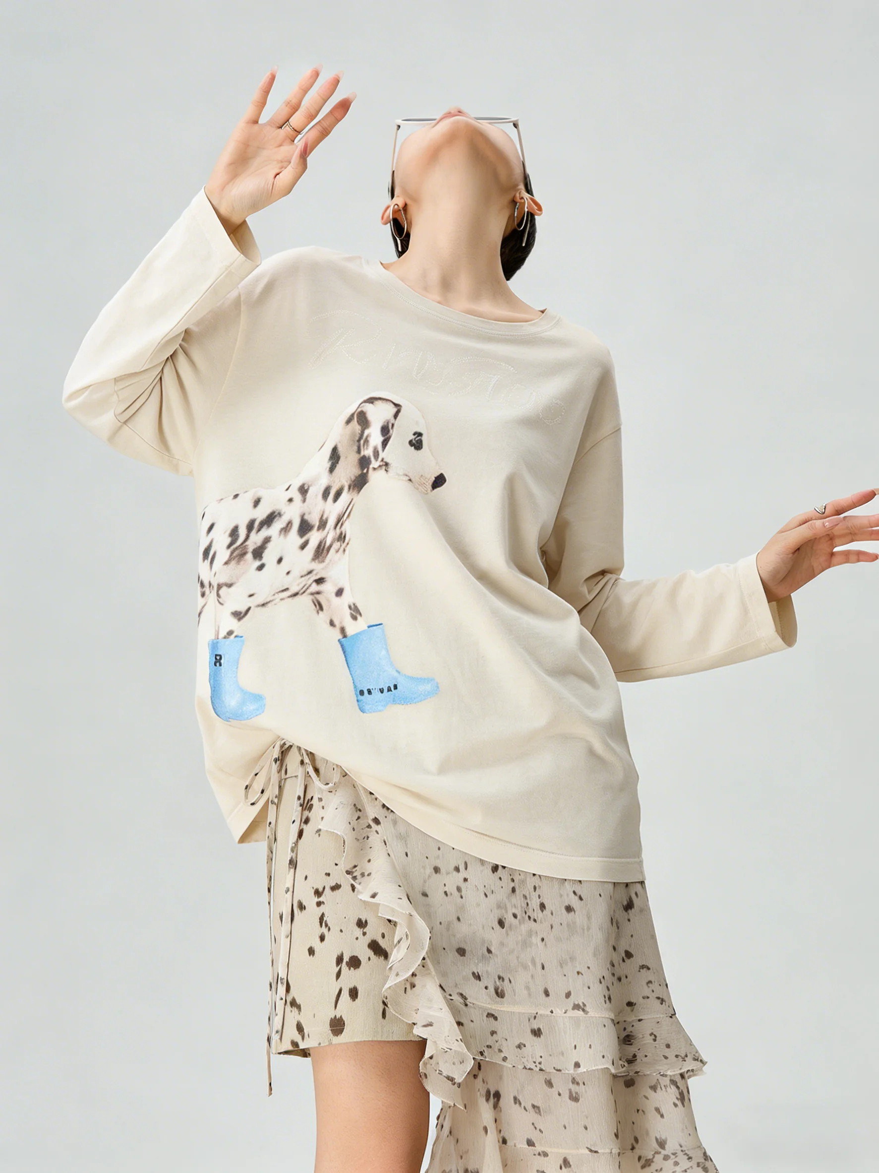 

Spring Women's Floral Print Long Sve T-irt And f Skirt Set High Waist Gathered Casual Loose Fit Faion Ensemble