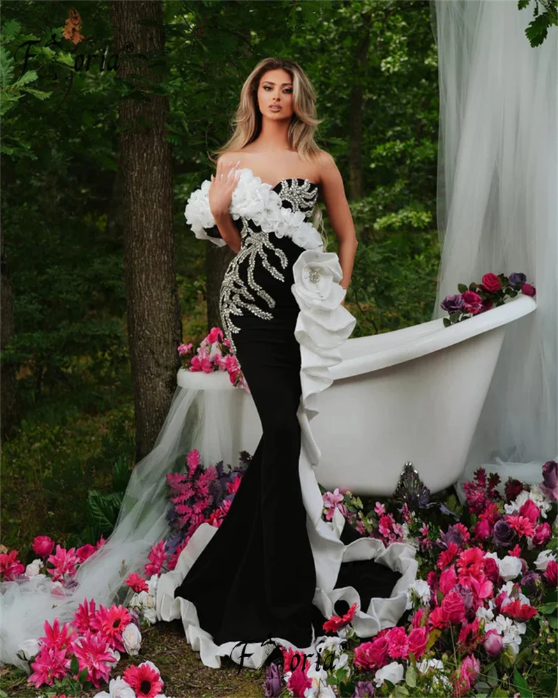 Fashion Black Crystal Mermaid Evening Party Dress with White Ruffles Beaded Formal Ceremony Gowns Custom Made vestido luxo dubai