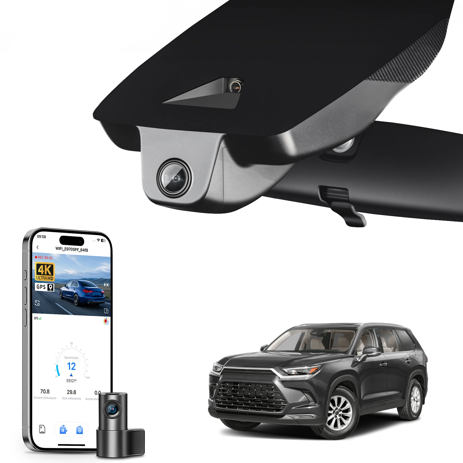 Câmera de Painel 4K Dedicada para Toyota Grand Highlander e Grand Highlander Hybrid 2024 - 2026 com WiFi e GPS via APP