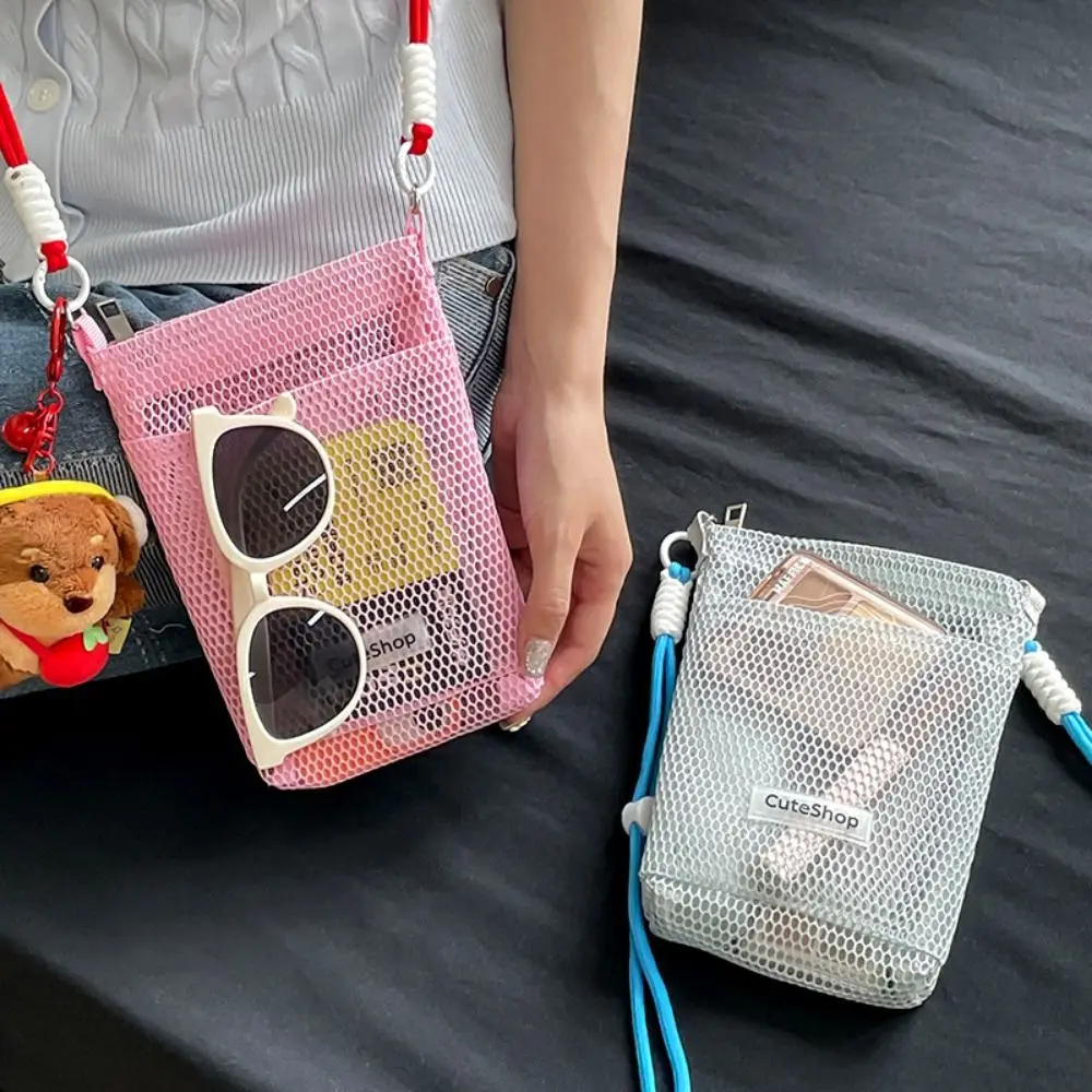 

Cute Sweet Nylon Mesh Bag Adjustable Hollowed-out Korean Style Shoulder Bag Solid Color Lightweight Mobile Phone Bag Travel