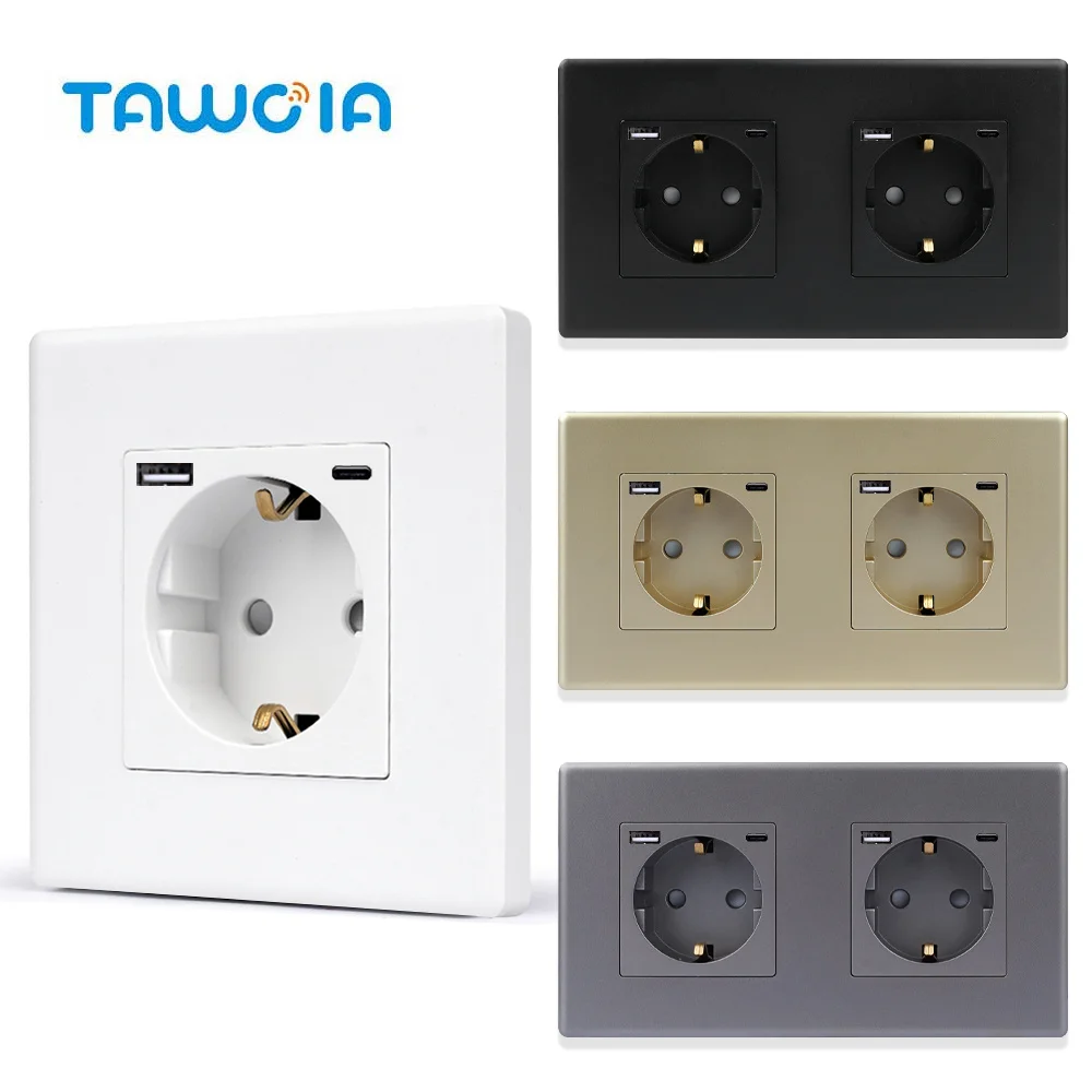 

TAWOIA PC EU Sockets Power Socket Crystal 16A USB Outlet Type-C Triple Glass Wall Sockets PC Frame Wall Mounted With Safety Door