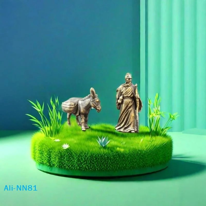 【N】1pc Vintage Home Ornament Collection Of Tea Pet Brass Carving Handholds Metal Crafts Old Farmer And Cow Living Room Decor