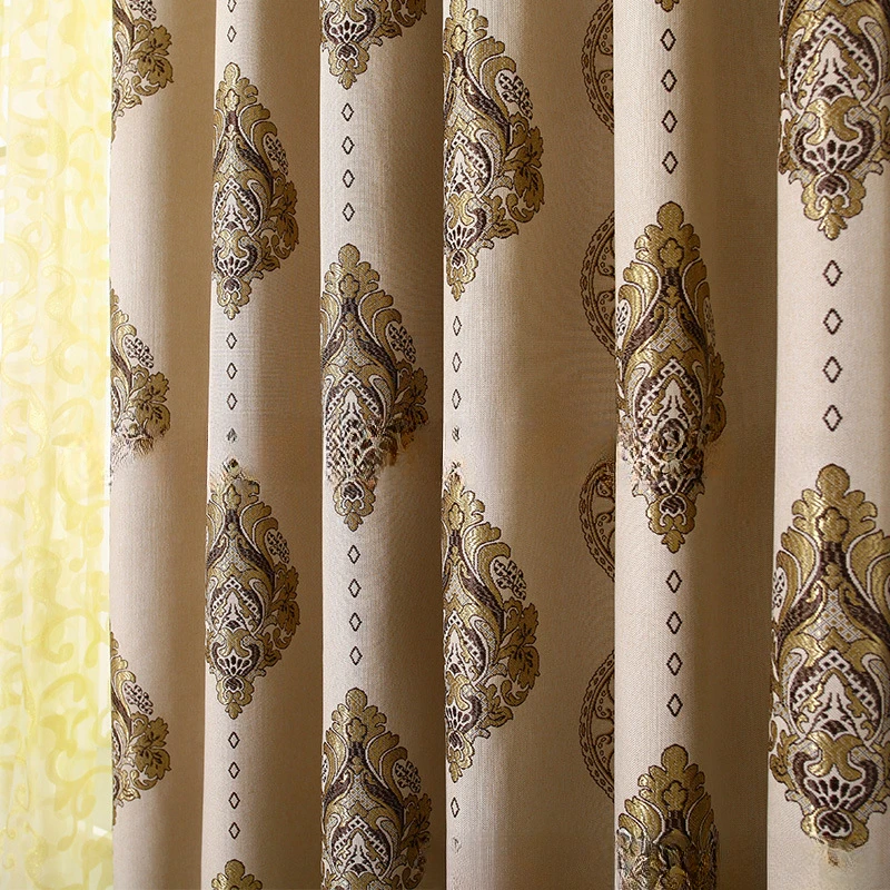 

European Classical High-end Curtains for Living Room Bedroom Colored Woven Linen Jacquard Shading Curtains Decorative Curtain