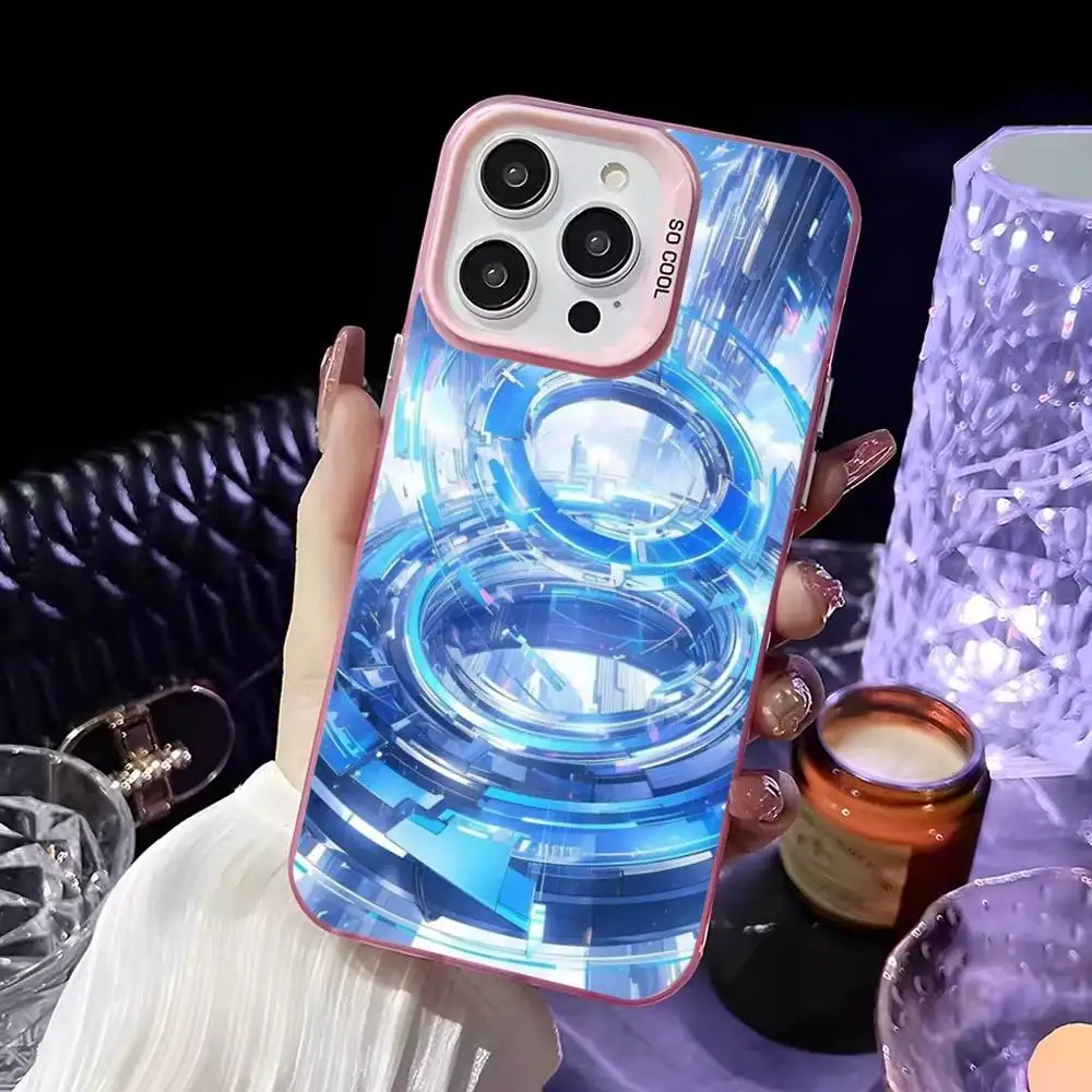 حافظة هاتف معمارية الخيال العلمي باللونين الأزرق والأبيض لهواتف iPhone 16,15,14,13,12,11,Mini,Pro,MAX غطاء وردي غير لامع مقاوم للصدمات #3