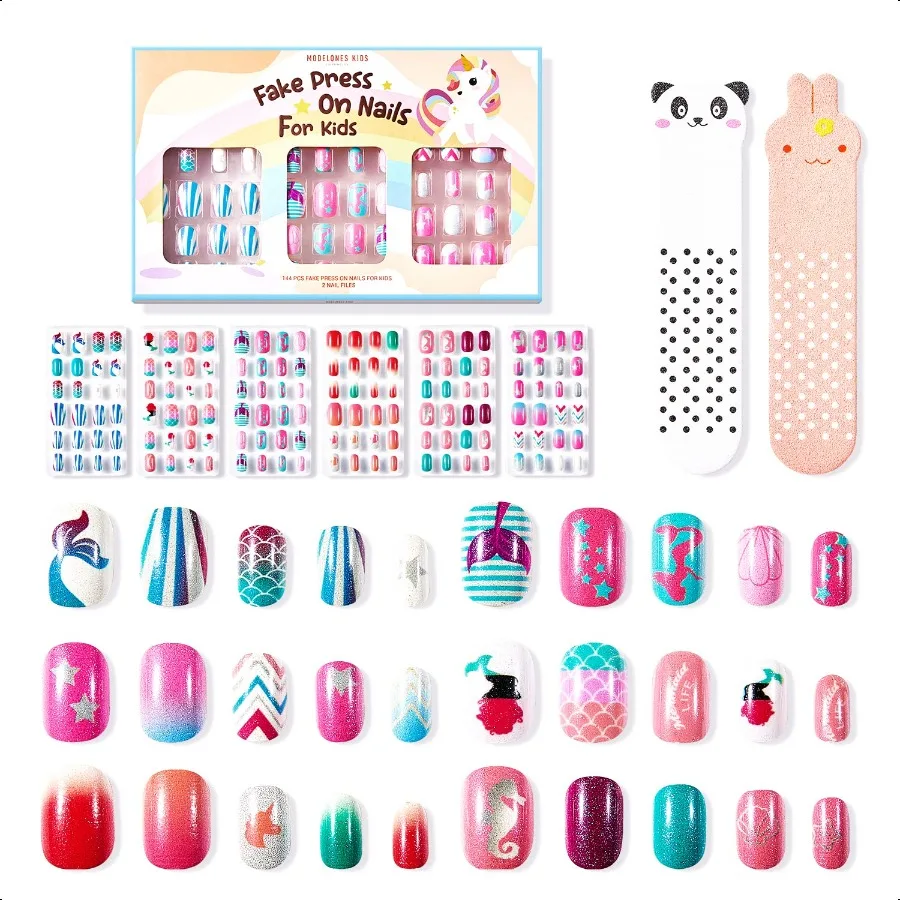 

Pr on Nails для 144 шт., 6 упаковок, акриловые накладные ногти Preglue, полное покрытие, блестящий градиент цвета, русалка, пляж, короткие накладные ногти K