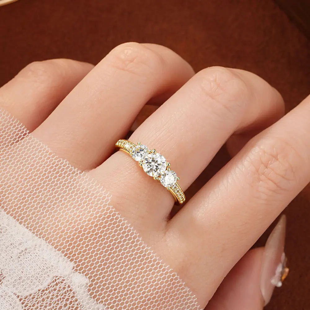 Celestinova Round Moissanite Three Stone Ring GRA Certified 14K Gold Plated Engagement Wedding Bridal Jewelry For Women