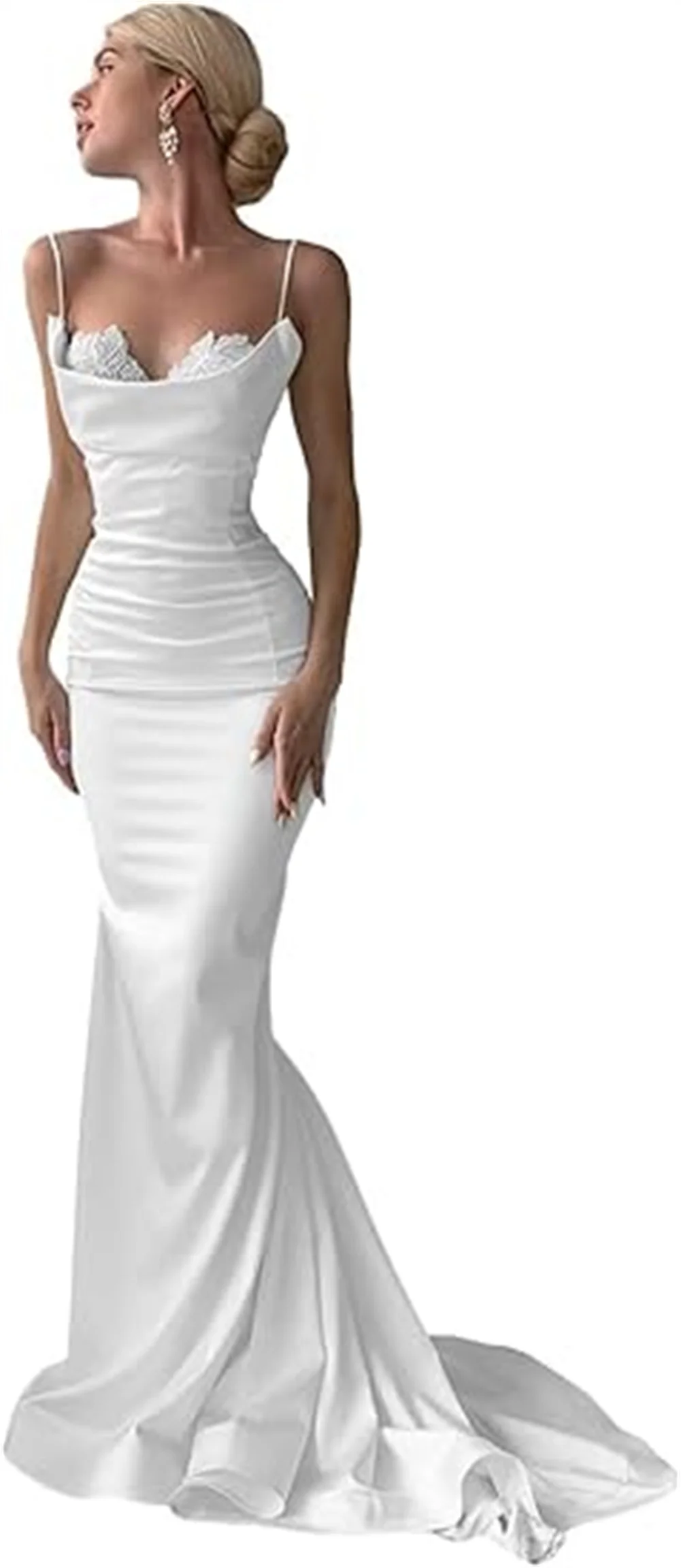 Customized White Satin Mermaid Wedding Dress For Bride Lace Appliques Spaghetti Straps Long Bridal Gowns Formal Dress With Train