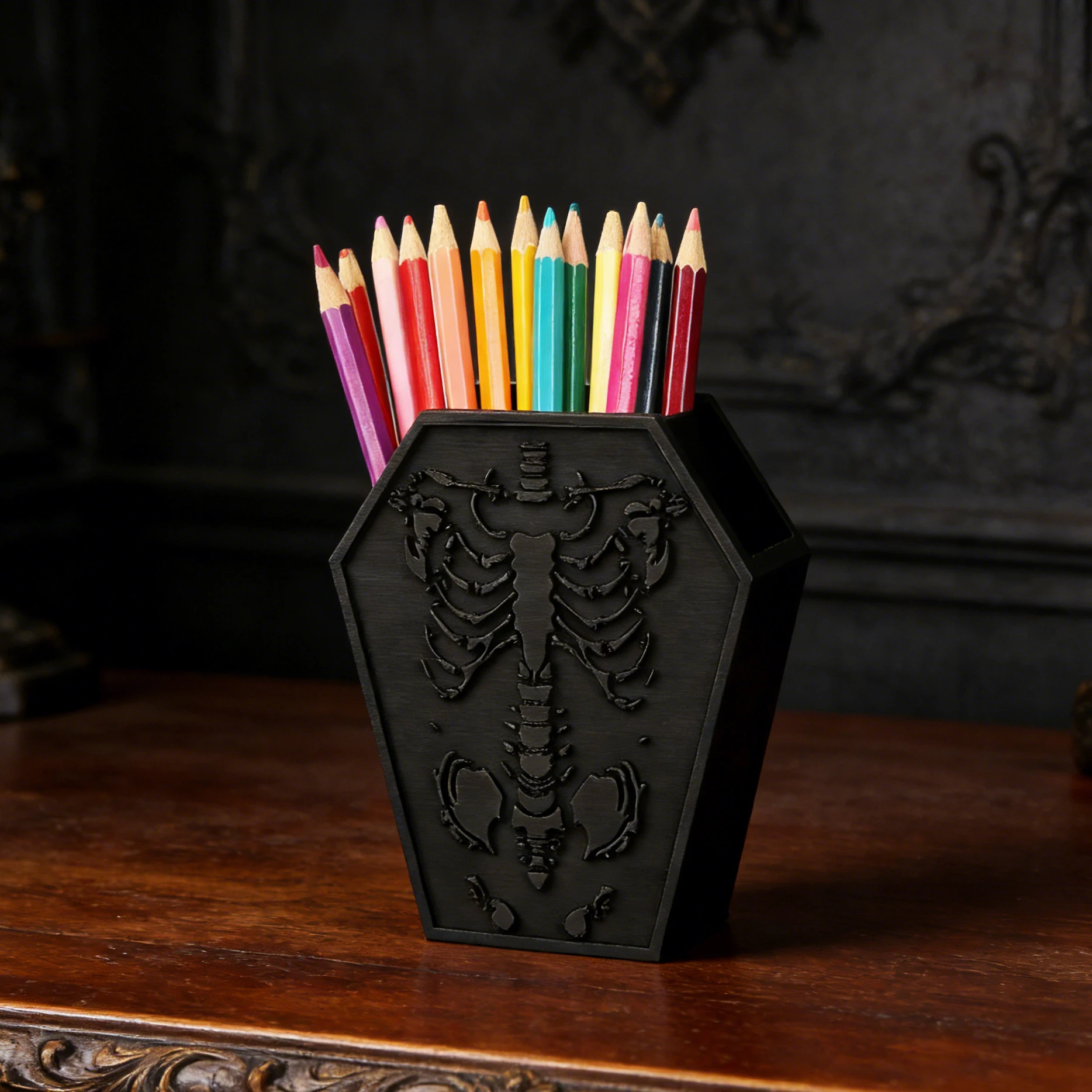 

Трансграничный готический держатель для ручек в темном стиле с рельефом гроба и скелета для хранения канцелярских принадлежностей/кистей для макияжа в ретро-стиле для рабочего стола