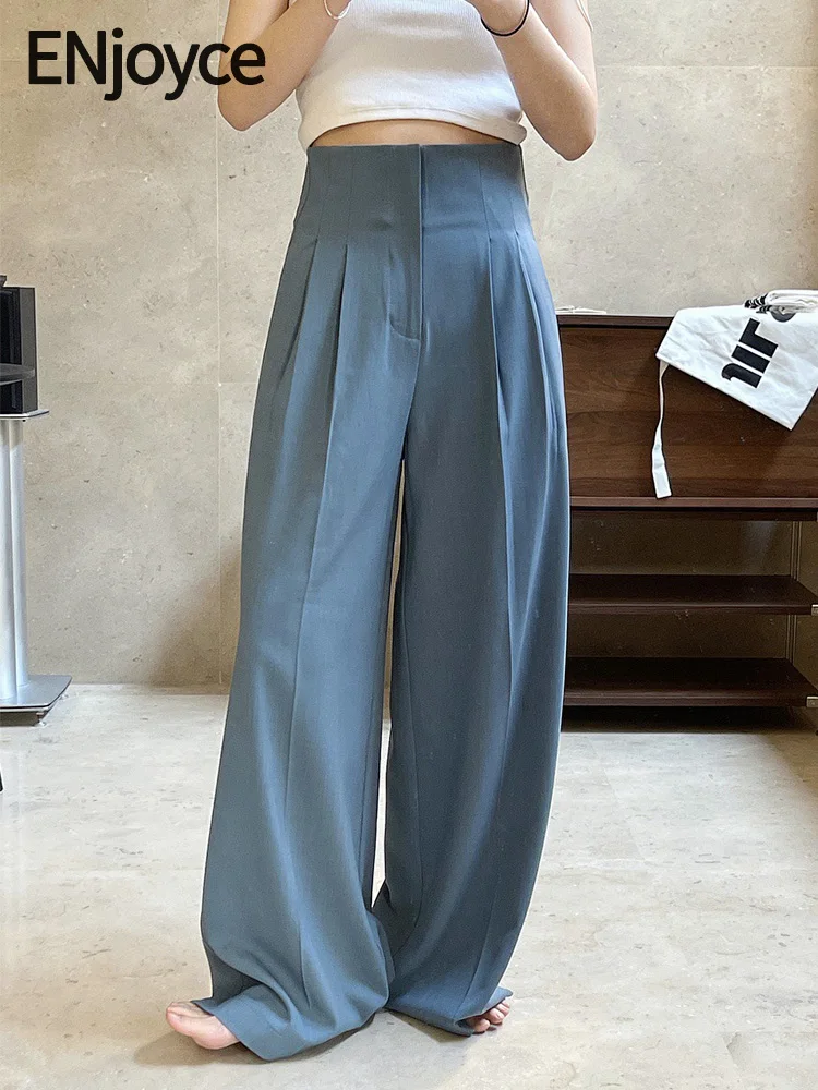 

2024 Spring Summer Women Vintage Blue Straight Suit Pants Korean Fashion High Waist Wide Leg Mopping Trousers Ladies Workwear