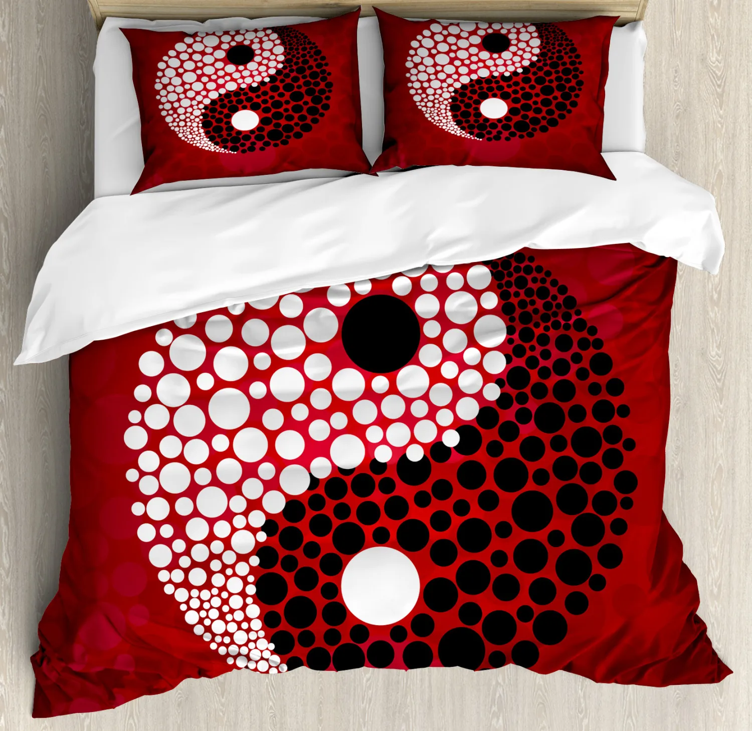 Yin Yang King/Queen Size Duvet Cover Boho Chinese Style Abstract Circle Design with Yin Yang Symbol Polyester Quilt Cover Red