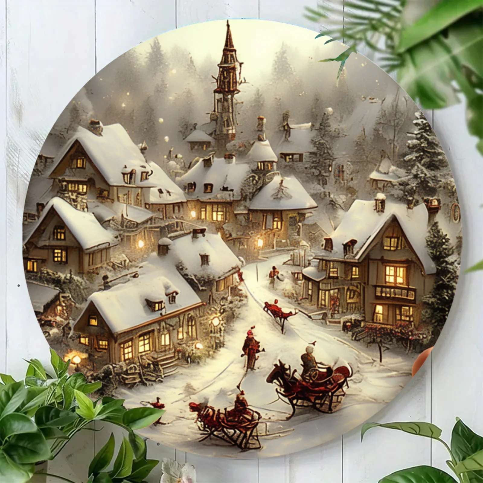 Vintage-Weihnachtspferd und Winter, Landschaft, 7,8 x 7,8 Zoll, runde Aluminium-Wandkunst – langlebiges Metallschild für Küche, Schlafzimmer, Bar, Dezember