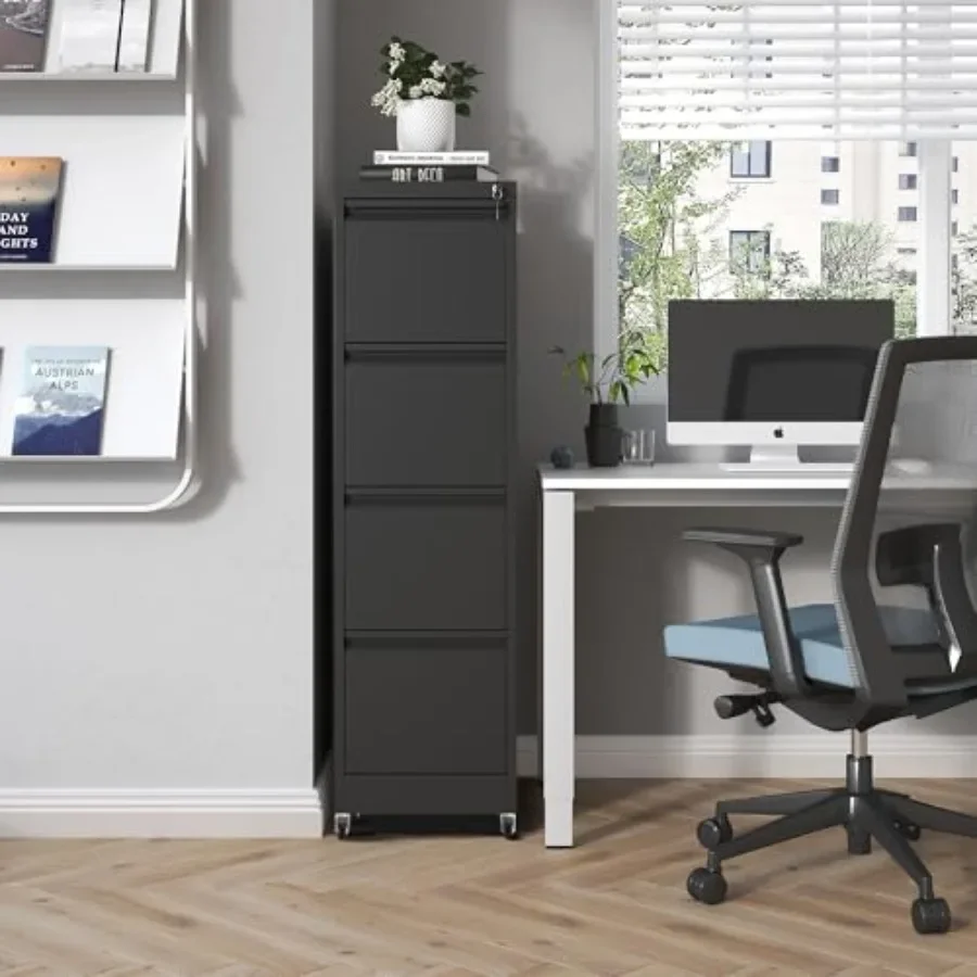 4 Drawer Mobile File Cabinet, Metal Filing Cabinet with Lock and Wheels, Home Office Rolling File Cabinets for Legal/Letter Han