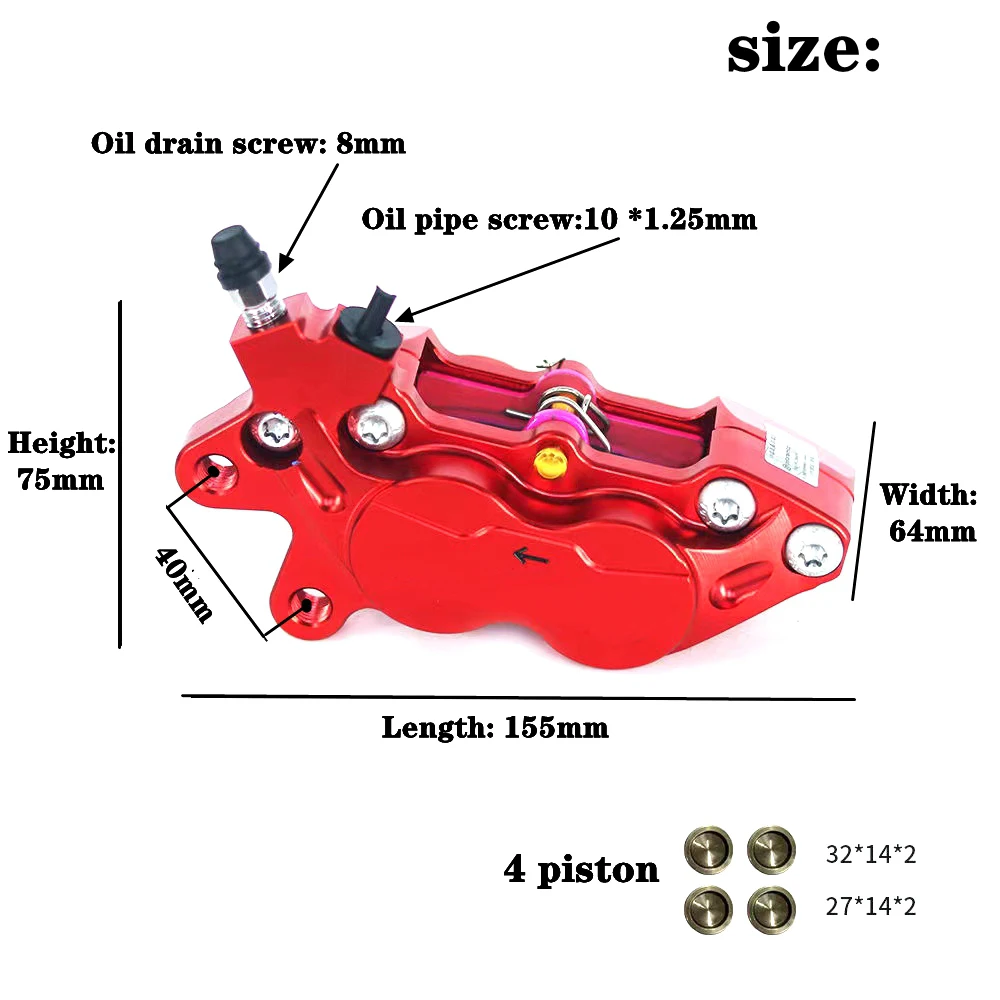 Zacisk hamulca motocyklowego 40 mm z 4 tłokami Uniwersalny do Honda Yamaha Kawasaki Suzuki Niu CNC Hamulec przedni tylny Moto Hamulec tarczowy — zdjęcie 3