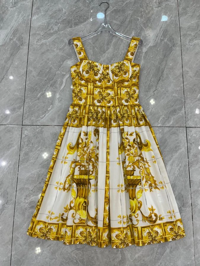 

Faionable Yellow Porcelain Cotton Print Bandeau Dr High Waist Cinched Bust Cup Waist Dstring Midi Dr Street Sle