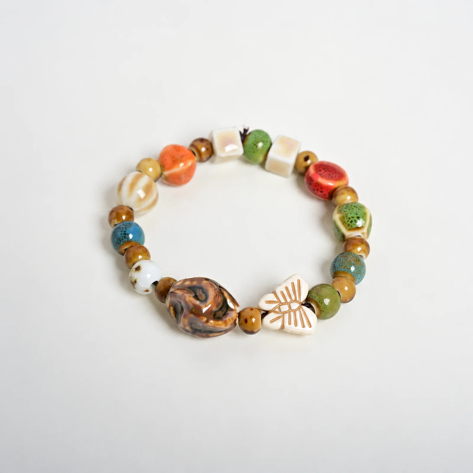 Handmade Ceramic Bead Bracelet with Acrylic Walnut and Butterfly Beads,Handwoven Stretch Cord Jewelry 609P3-06