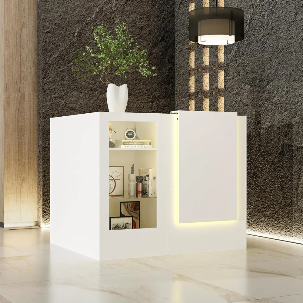 مكتب استقبال مع عداد، ضوء LED ملون، أرفف زجاجية أمامية ومفتوحة، عداد بيع بالتجزئة مع رف زجاجي قابل للتعديل #3