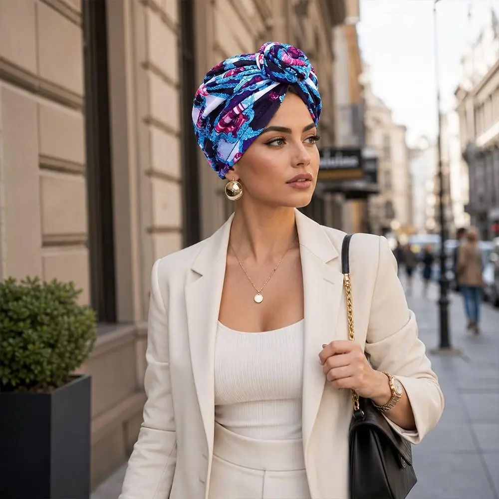 New African Print Hijab Caps Knotted Style Wrap Islamic Headband Soft Comfortable Pleated Floral Head Wrap All Match Decor