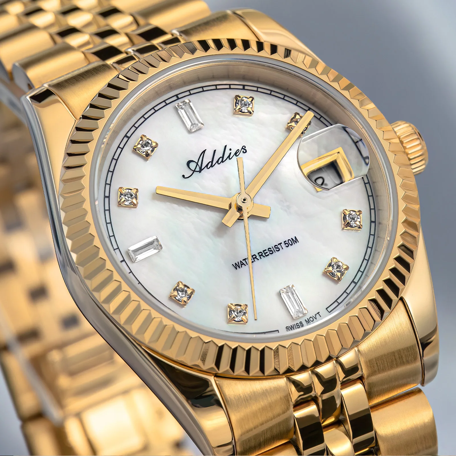 ADDIES Stainless Steel Date Display AW25905 Wristwatches Czech Rhinestones Sapphire Glass Watches Waterproof Gold Watch Ladies