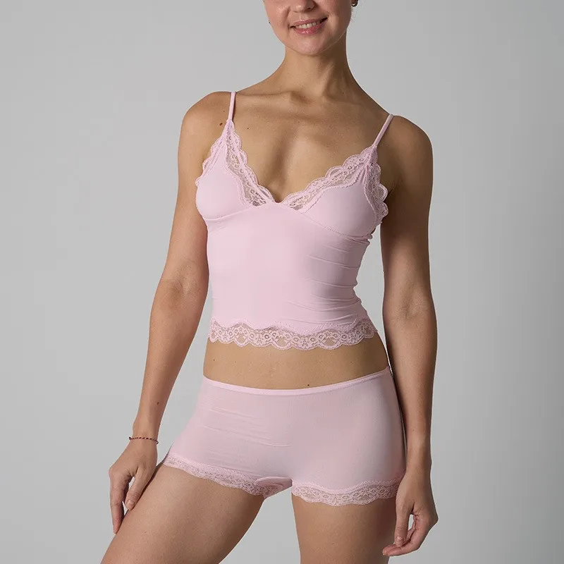 Women's Light Thin Lace Strap Tank Top Flat Corner Lace Underwear Simple Stretchy Short Sets Women's Breathable Sleepwear Home