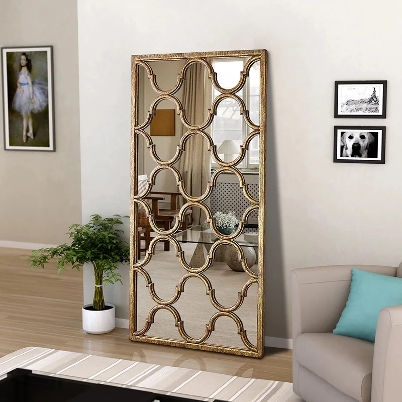 Villa light luxury living room decorative mirror grid flower-shaped fitting mirror floor mirror