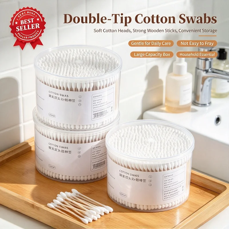 500Pcs Double End Round Head Disposable Cotton Swabs Box, Multi-use for Makeup Removal Daily Cleaning Pet Care