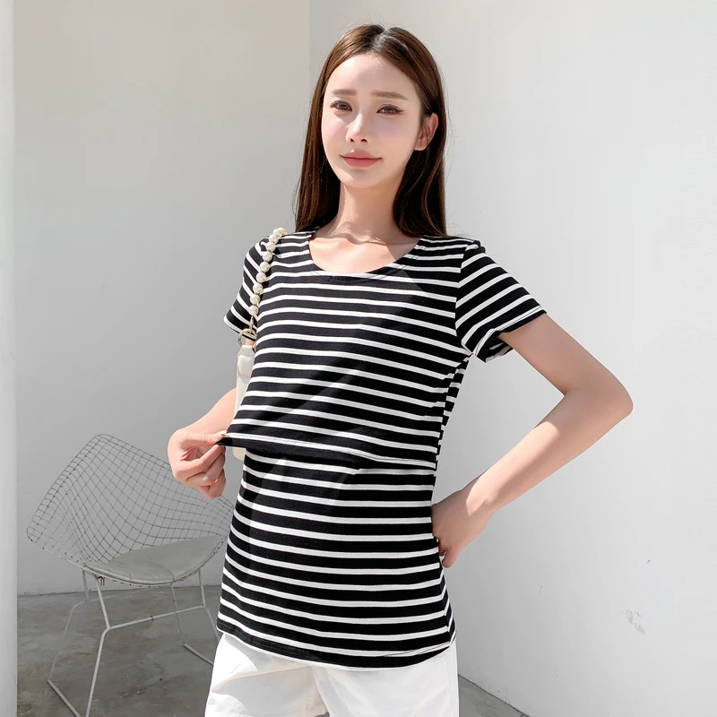 

2023 New Fashion Postpartum Woman Breastfeeding Tops Tees Short Sleeve O-neck Brief Nursing Clothes Maternity Lactation T-shirt