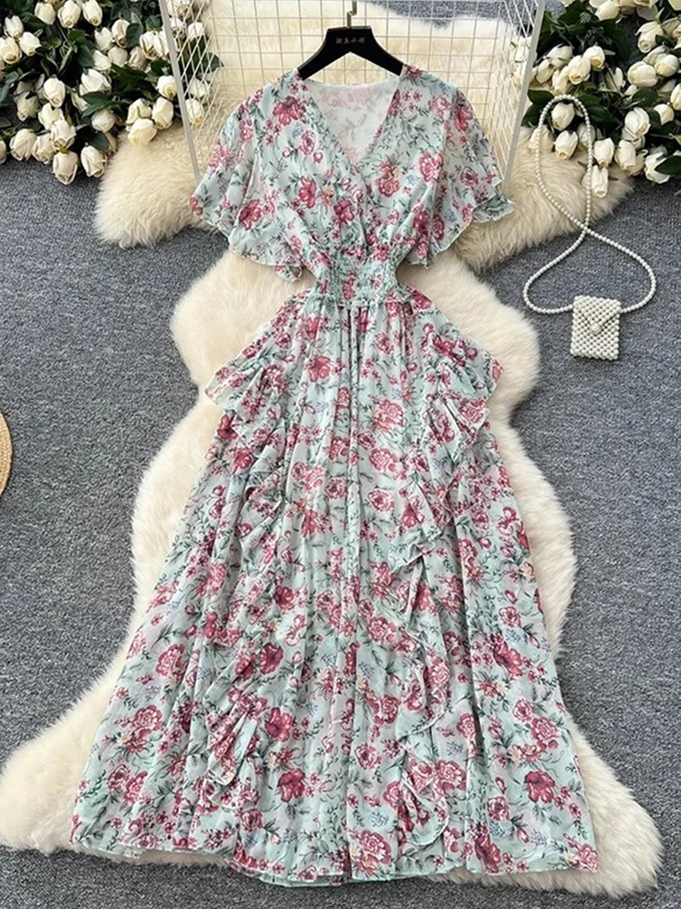 

Women Elegant Floral Print Long Dress Summer Sexy V-neck Short Sleeve Chiffon Party Dresses Ladies Slim A-line Long Robe