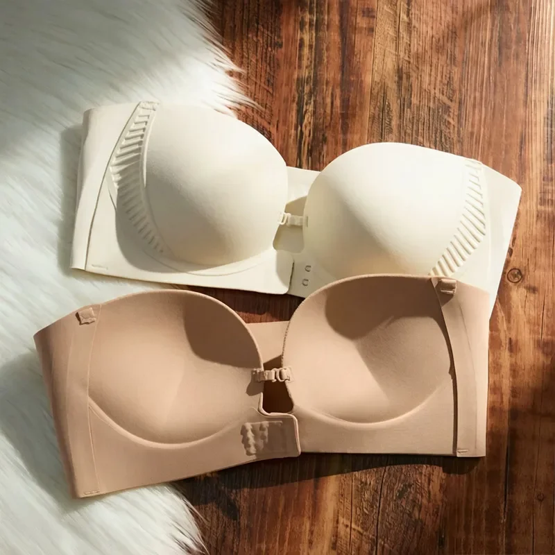 Strapless Bra With Front Button Anti-skid Gathering Wireless Support Tube Top Yoga Fitness Adjustable Invisible Underwear