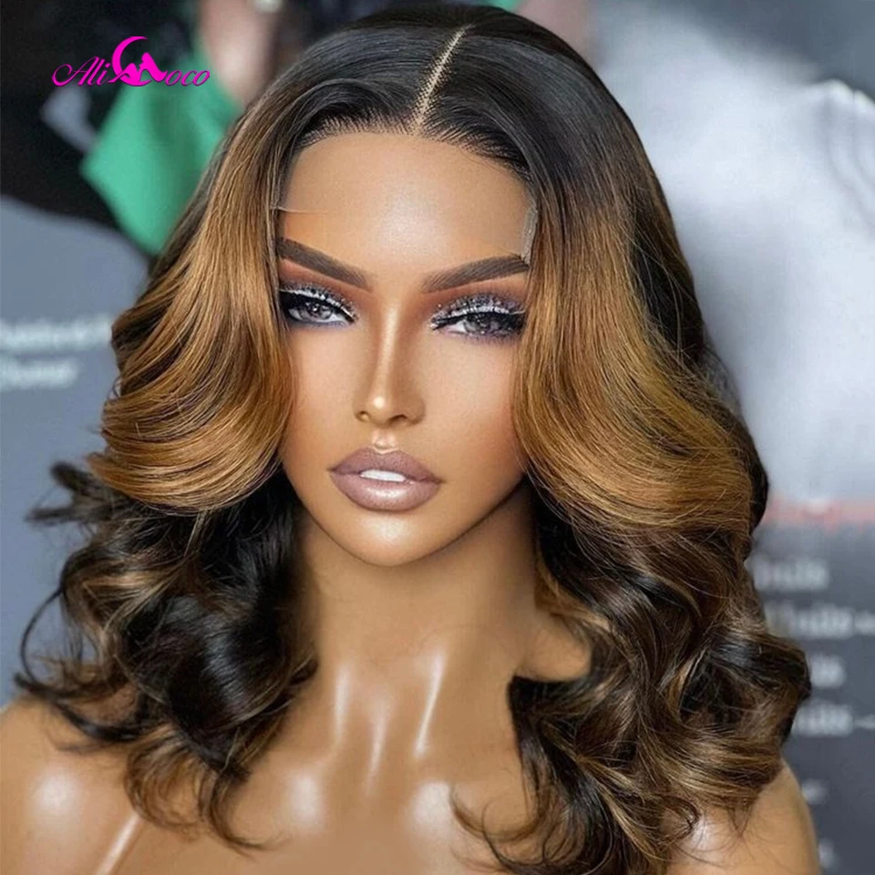 Highlight Brown Body Wave Bob Wigs 13x4 Lace Front Wigs Transparent Lace Frontal Short Bob Wigs Human Hair Wigs For Women