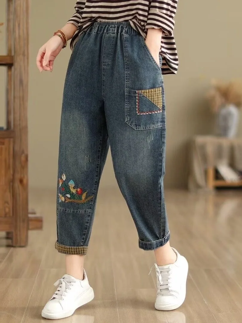 

Утягивающие джинсы с высокой талией в стиле ретро, женские весенне-осенние повседневные брюки Харлан с девятью точками и вышивкой