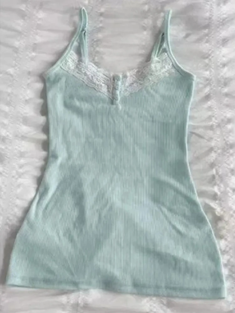 Y2k American Retro Sexy Camis 2000s Harajuku Vintage Hot Girl Slim Tanks Summer Japanese Sweet Lace Solid Sleeveless Tops Chic