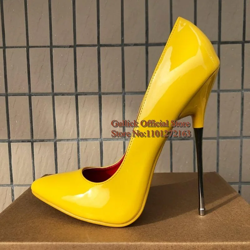 

Sexy13CM Metal Stiletto Heel Women Pump Patent Leather Pointed toe Solid Club Evening Dress Shoes Red Purple Yellow